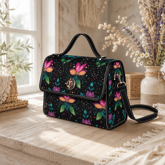 Botanical Crossbody Purse, Black Top Handle Satchel, Colorful Evening Handbag