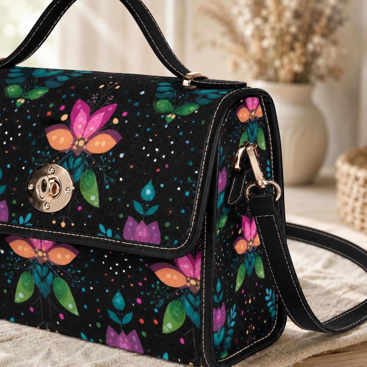 Botanical Crossbody Purse, Black Top Handle Satchel, Colorful Evening Handbag