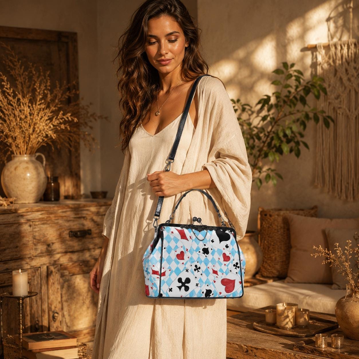 Wonderland Card Suit Kisslock Handbag, Blue Argyle Frame Purse, Tea Party Statement Bag