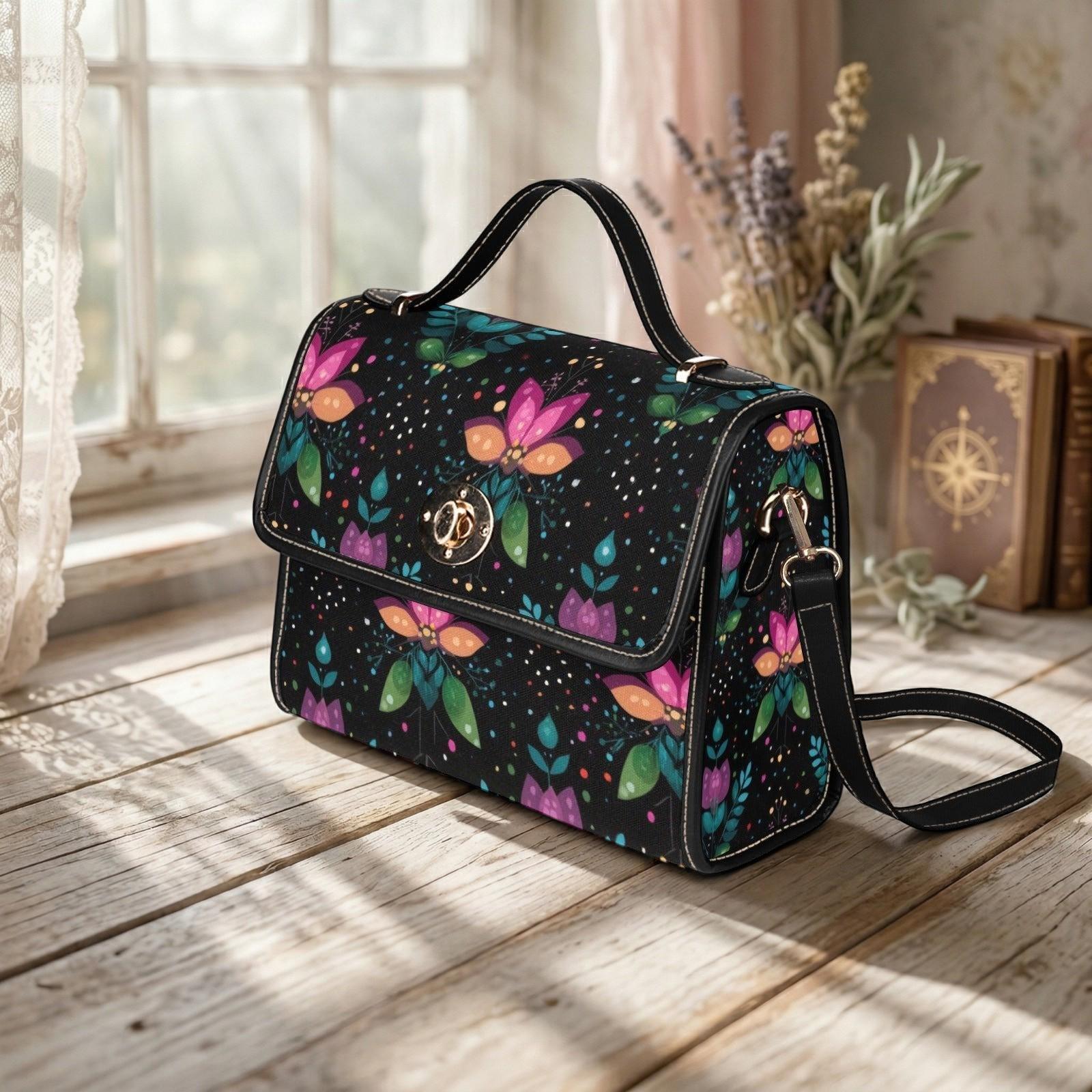 Botanical Crossbody Purse, Black Top Handle Satchel, Colorful Evening Handbag