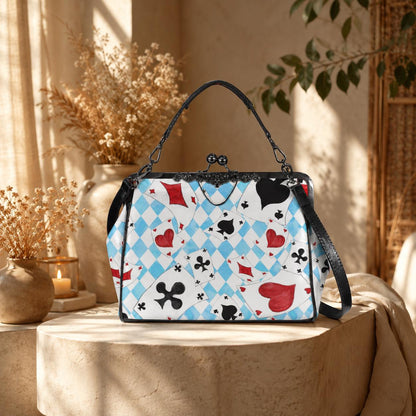Wonderland Card Suit Kisslock Handbag, Blue Argyle Frame Purse, Tea Party Statement Bag