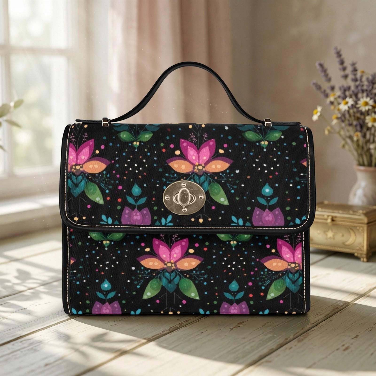 Botanical Crossbody Purse, Black Top Handle Satchel, Colorful Evening Handbag