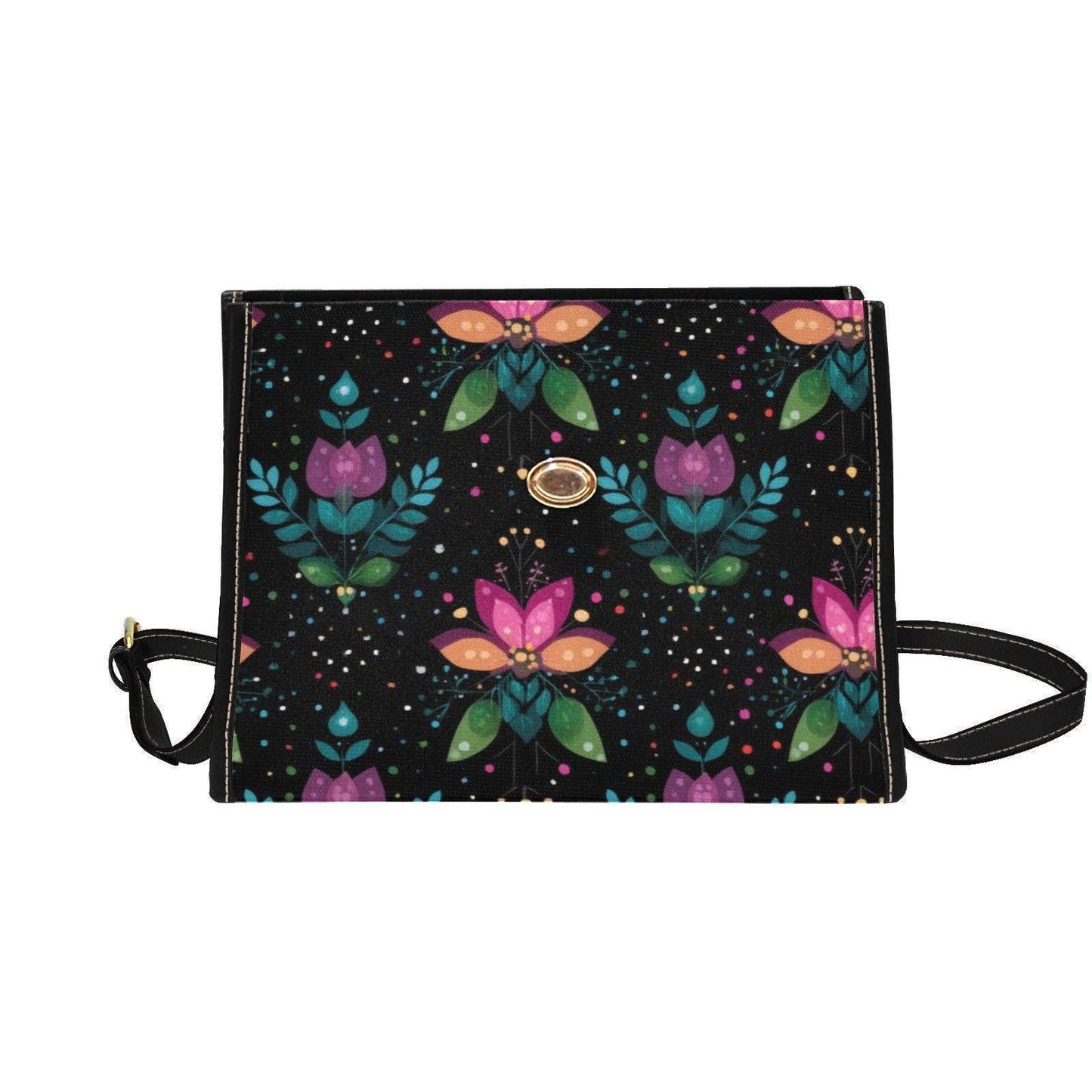 Botanical Crossbody Purse, Black Top Handle Satchel, Colorful Evening Handbag