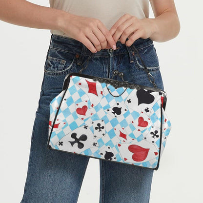 Wonderland Card Suit Kisslock Handbag, Blue Argyle Frame Purse, Tea Party Statement Bag