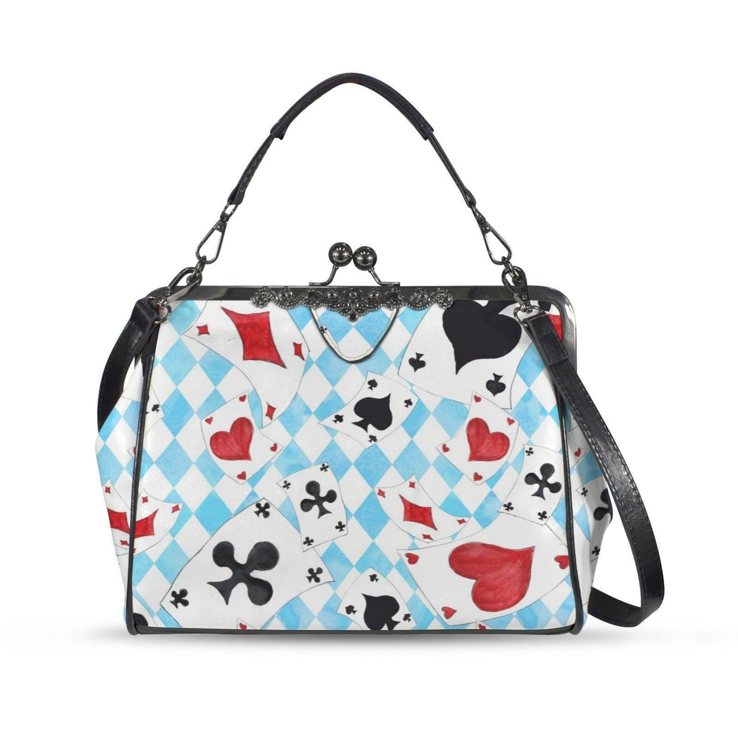 Wonderland Card Suit Kisslock Handbag, Blue Argyle Frame Purse, Tea Party Statement Bag