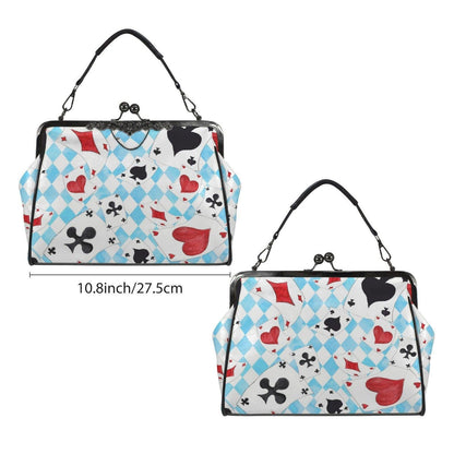 Wonderland Card Suit Kisslock Handbag, Blue Argyle Frame Purse, Tea Party Statement Bag
