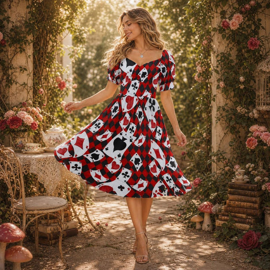 Card suit party dress, Alice inspired puff sleeve, queen of hearts mini dress