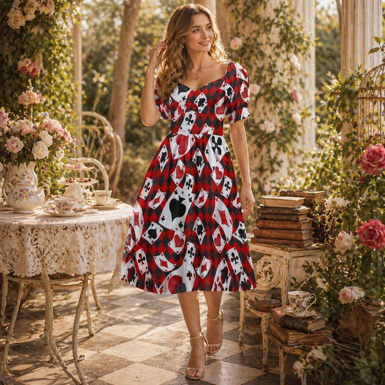Card suit party dress, Alice inspired puff sleeve, queen of hearts mini dress