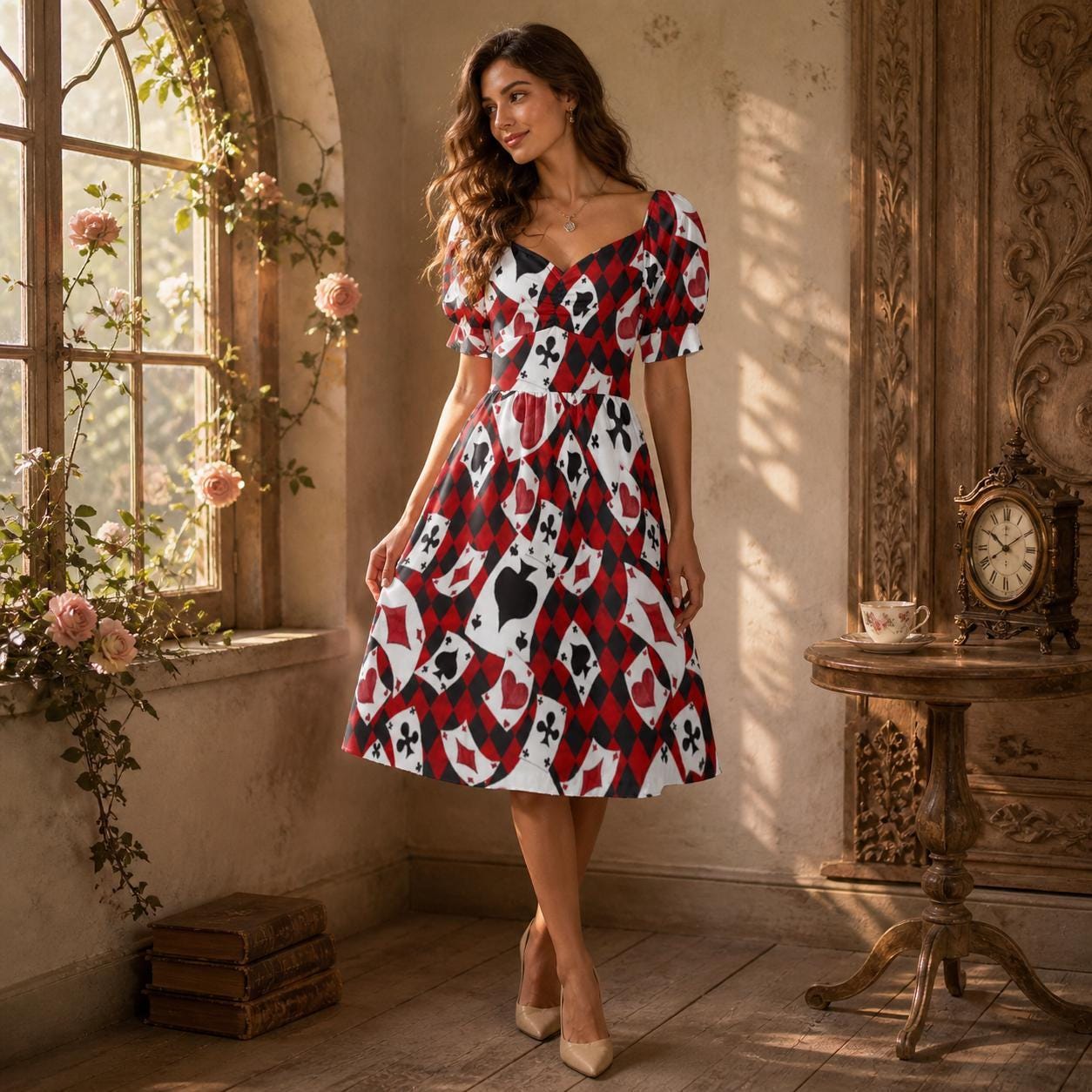 Card suit party dress, Alice inspired puff sleeve, queen of hearts mini dress