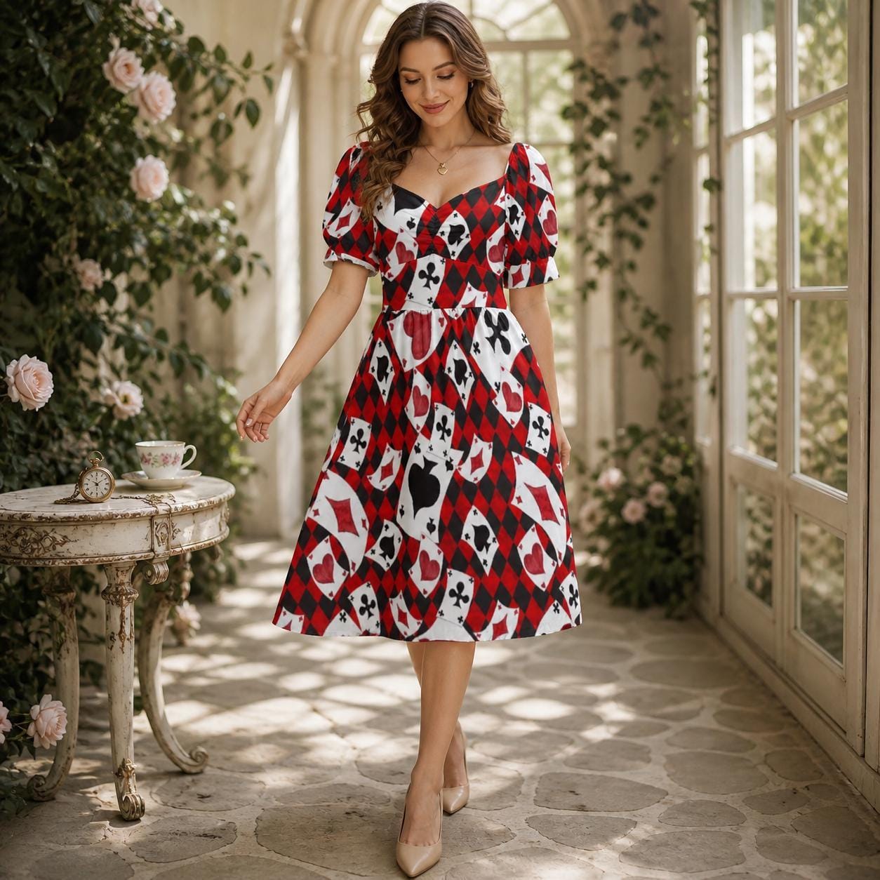 Card suit party dress, Alice inspired puff sleeve, queen of hearts mini dress