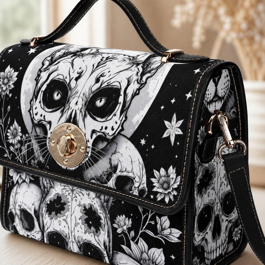 Gothic Skull Purse, Celestial Witch Satchel, Black White Top Handle Handbag