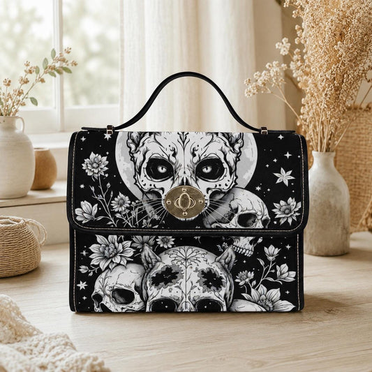 Gothic Skull Purse, Celestial Witch Satchel, Black White Top Handle Handbag