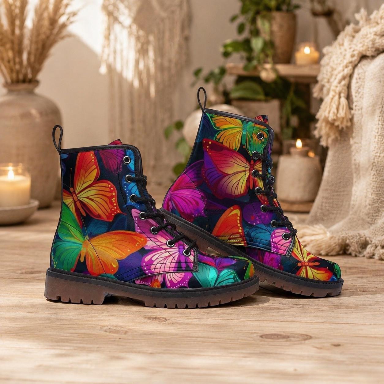 Butterfly Combat Boots, Rainbow Lace Up Ankle Boots, Colorful Statement Shoes for Women