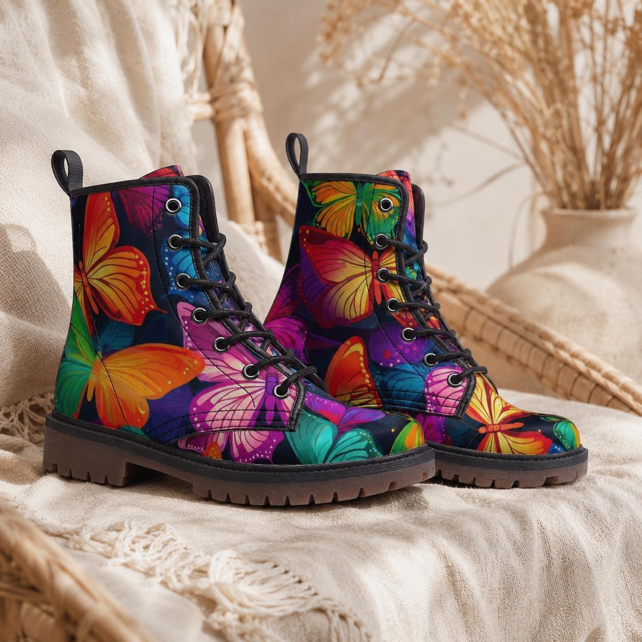 Butterfly Combat Boots, Rainbow Lace Up Ankle Boots, Colorful Statement Shoes for Women