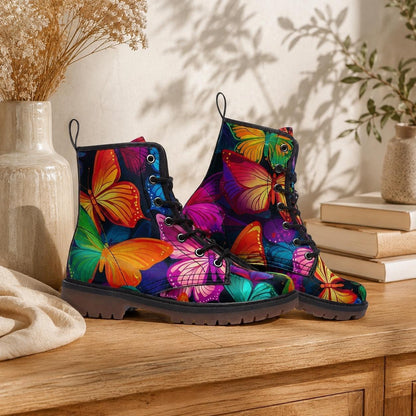 Butterfly Combat Boots, Rainbow Lace Up Ankle Boots, Colorful Statement Shoes for Women