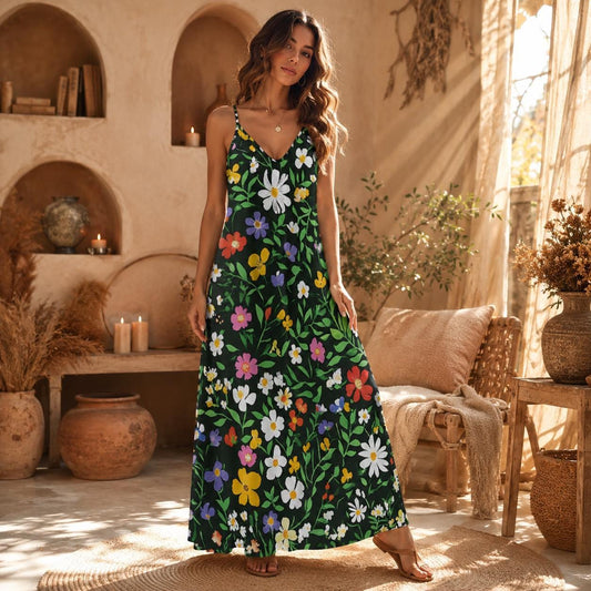 Wildflower Garden Maxi Dress, Green Floral Cottagecore Sundress, Summer Picnic Outfit