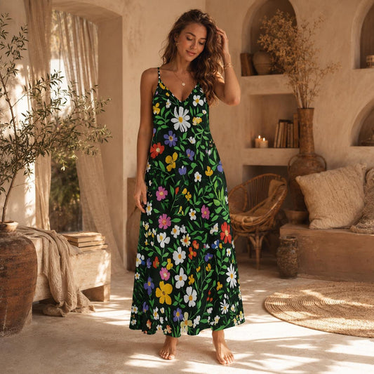 Wildflower Garden Maxi Dress, Green Floral Cottagecore Sundress, Summer Picnic Outfit