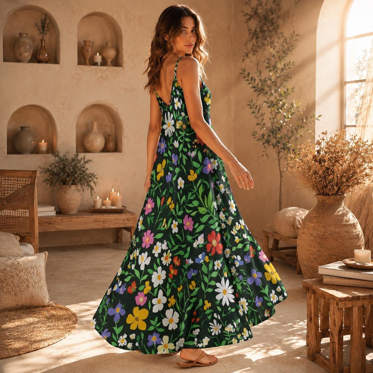 Wildflower Garden Maxi Dress, Green Floral Cottagecore Sundress, Summer Picnic Outfit