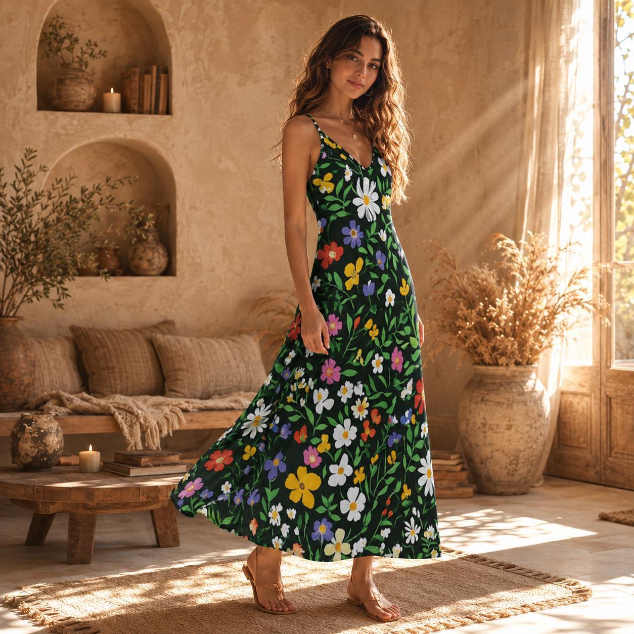 Wildflower Garden Maxi Dress, Green Floral Cottagecore Sundress, Summer Picnic Outfit
