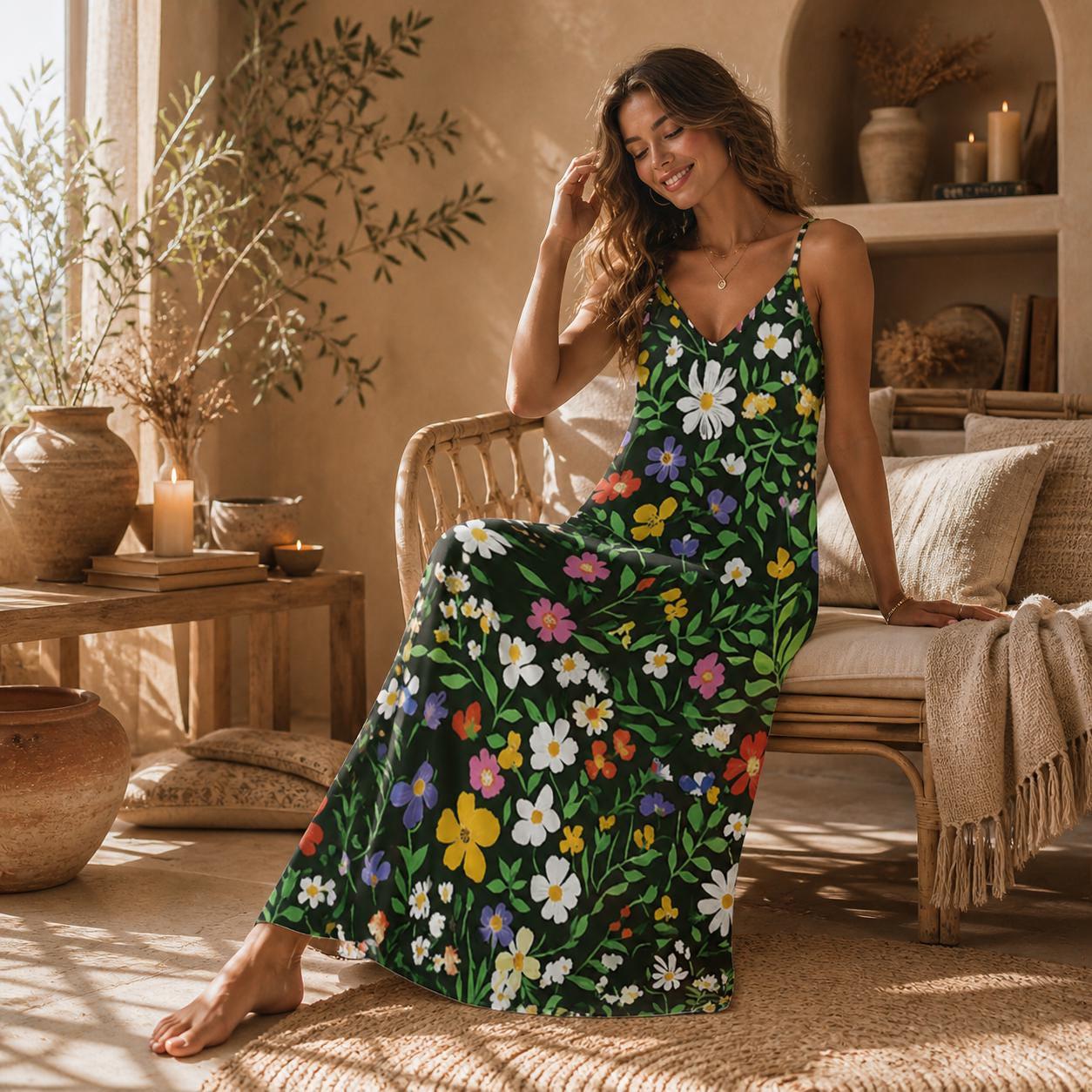 Wildflower Garden Maxi Dress, Green Floral Cottagecore Sundress, Summer Picnic Outfit