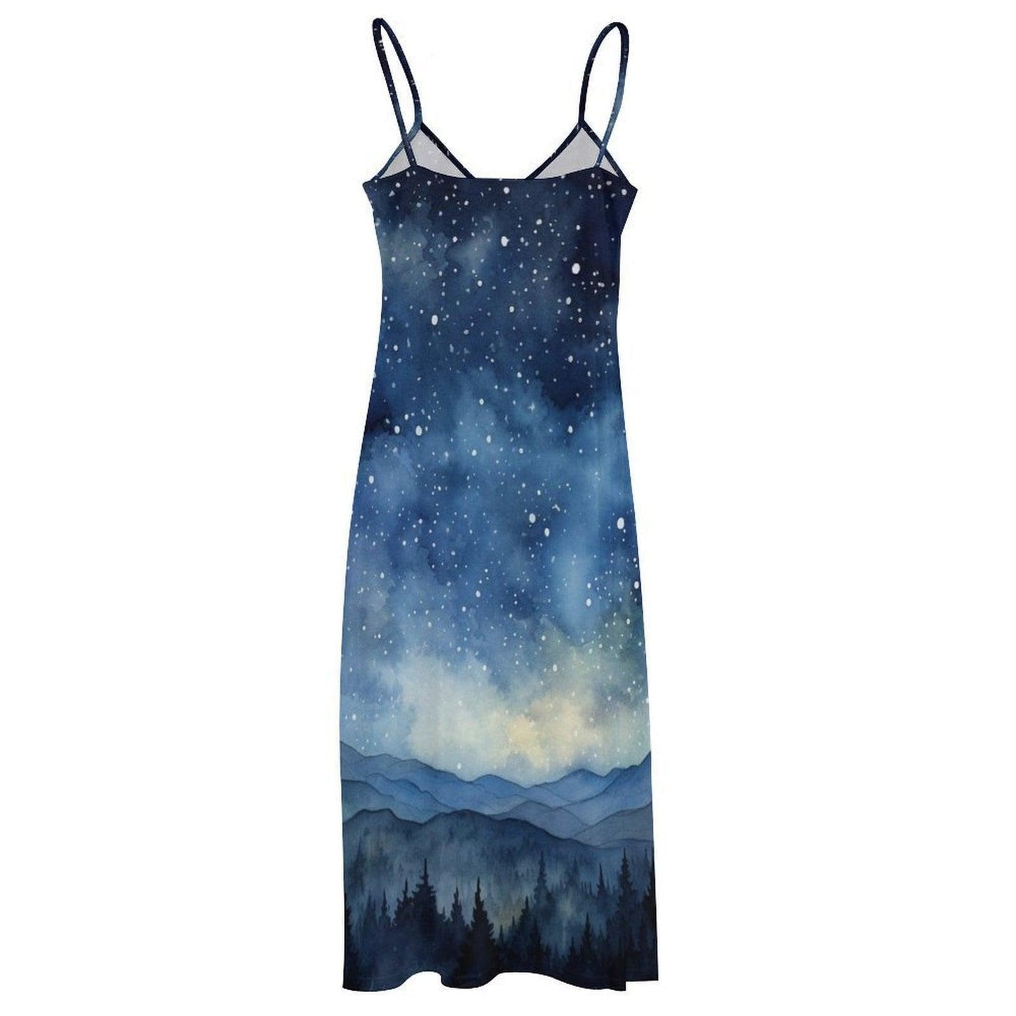 Starry Night Mountain Dress, Forest Sky Print Maxi, Cottagecore Aesthetic Clothing, Nature Scene Summer Dress, Witchy Boho Sundress