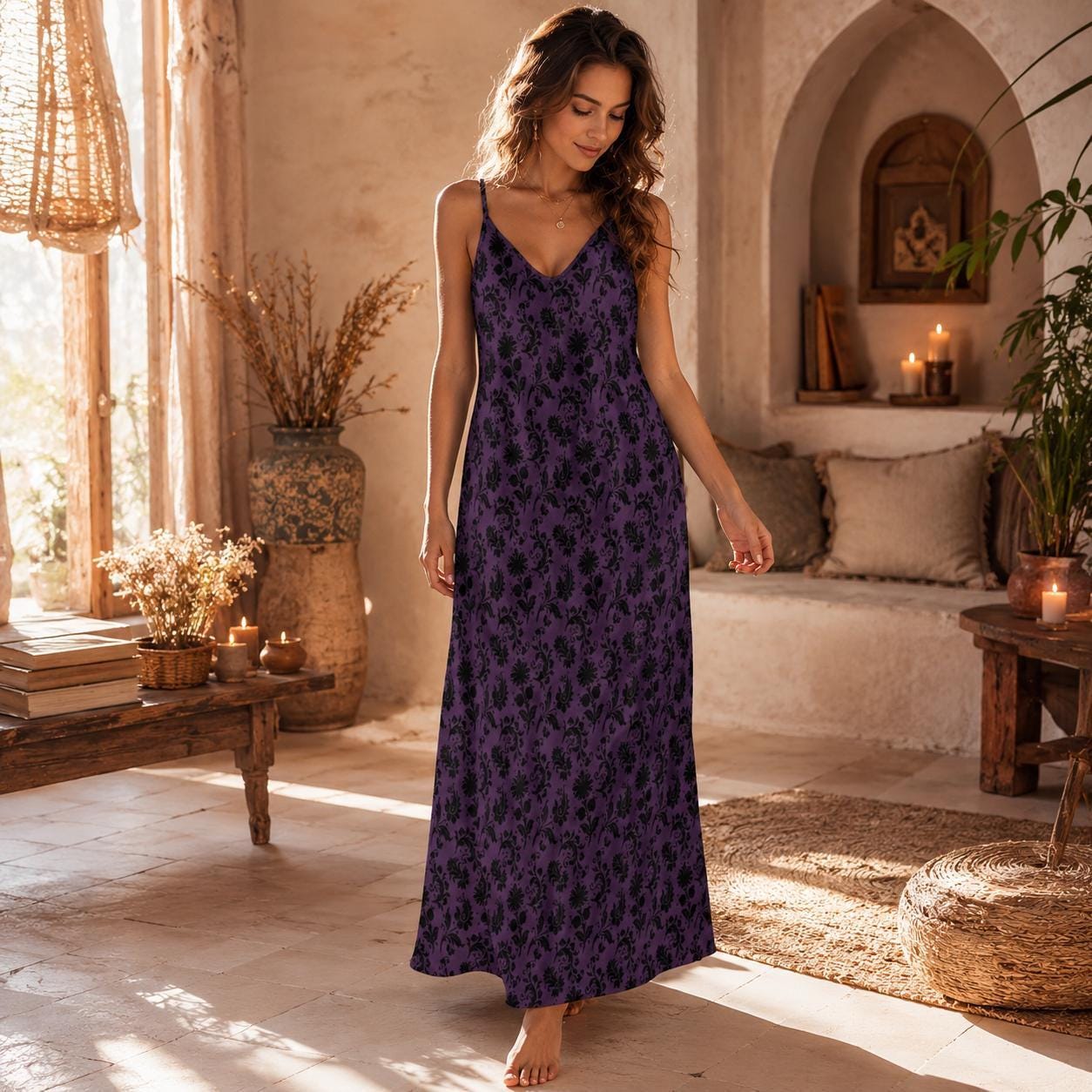Plum Damask Maxi Dress, Dark Romantic Slip Sundress, Black Flocked Evening Outfit