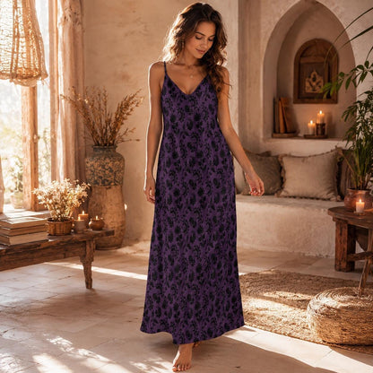 Plum Damask Maxi Dress, Dark Romantic Slip Sundress, Black Flocked Evening Outfit