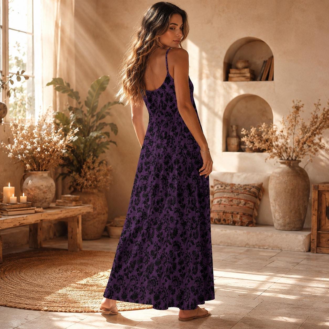 Plum Damask Maxi Dress, Dark Romantic Slip Sundress, Black Flocked Evening Outfit