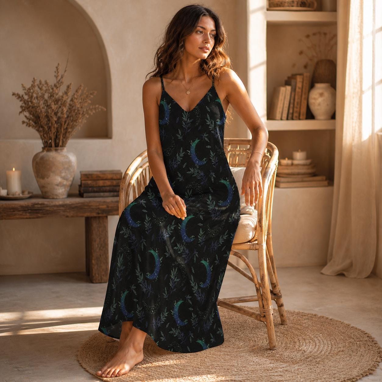 Celestial Tarot Moon Maxi Dress Witchy Cottagecore A-Line