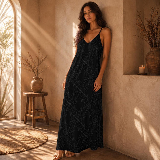 Spiderweb Maxi Dress, Black Cami Sundress, Cottage Goth Summer Dress