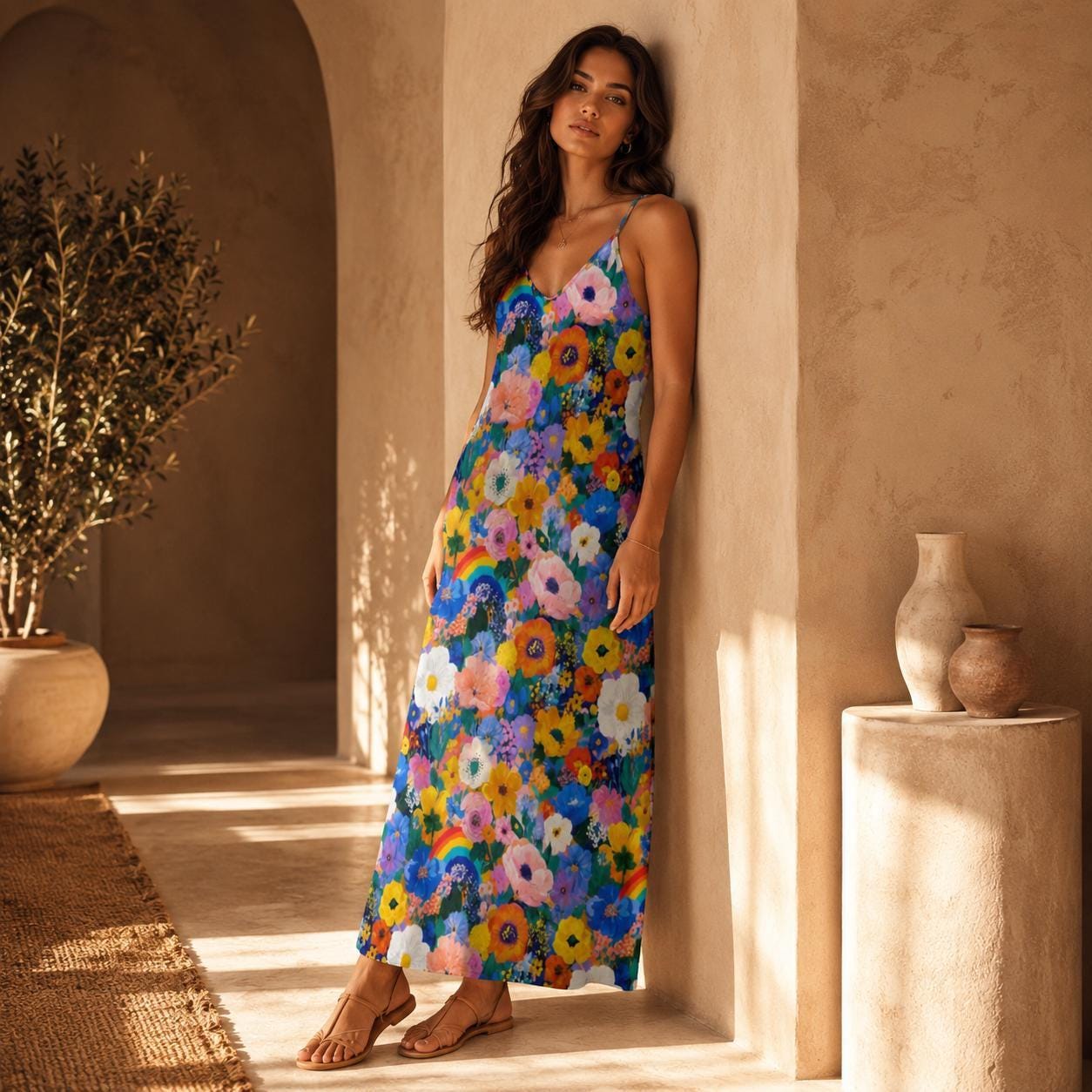 Rainbow Floral Maxi Dress, Colorful Boho Sundress, Garden Party Slip Dress