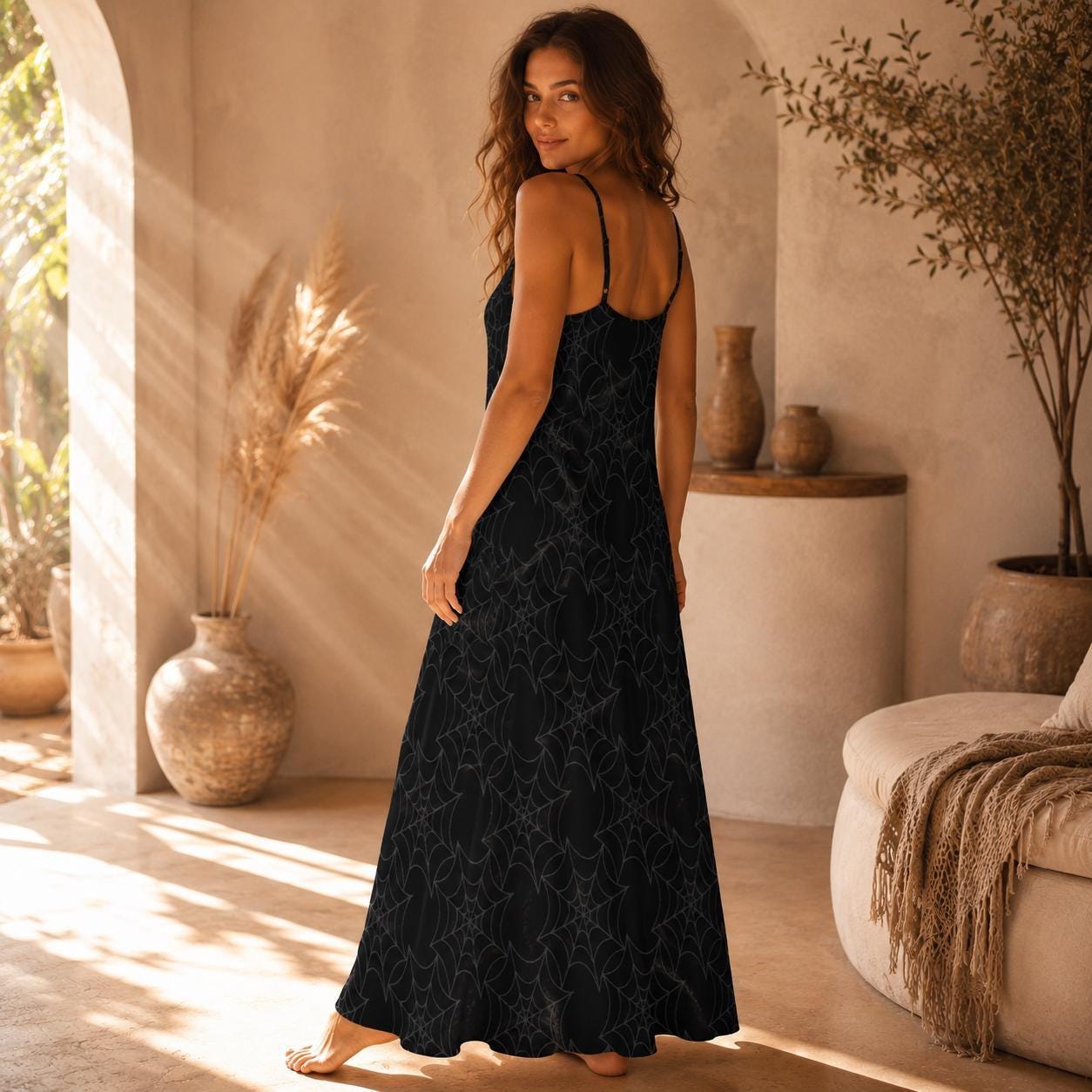 Spiderweb Maxi Dress, Black Cami Sundress, Cottage Goth Summer Dress