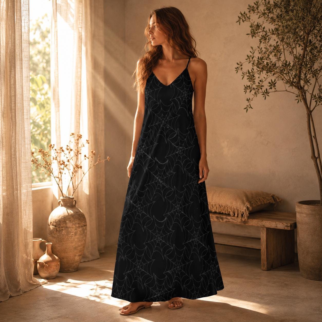 Spiderweb Maxi Dress, Black Cami Sundress, Cottage Goth Summer Dress