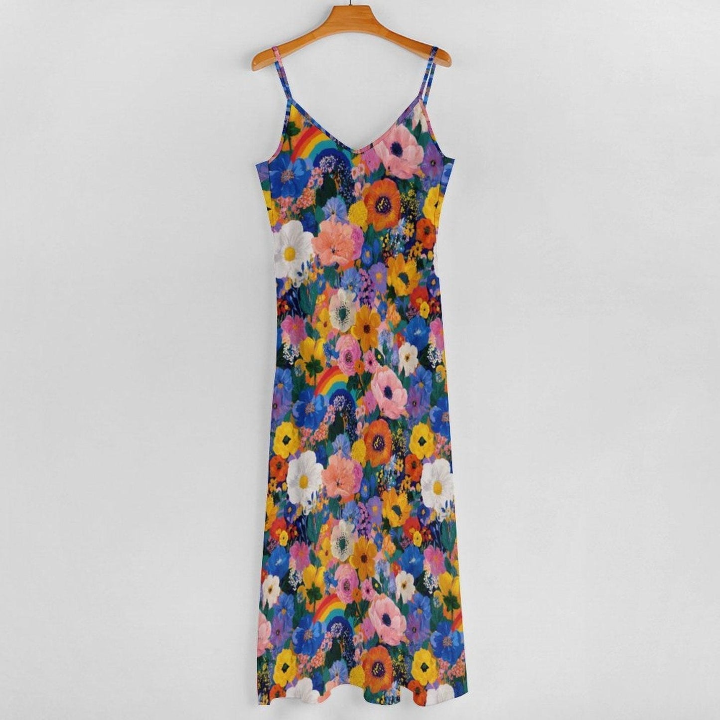 Rainbow Floral Maxi Dress, Colorful Boho Sundress, Garden Party Slip Dress