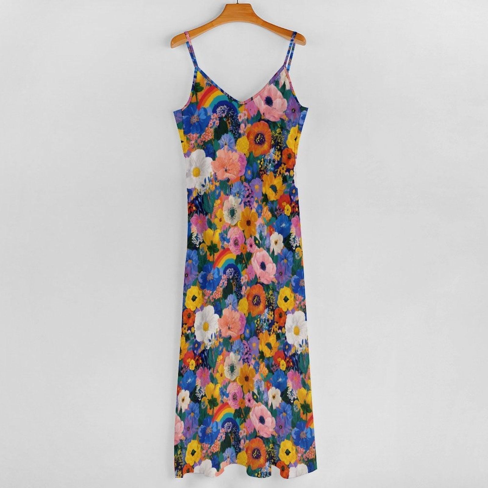 Rainbow Floral Maxi Dress, Colorful Boho Sundress, Garden Party Slip Dress