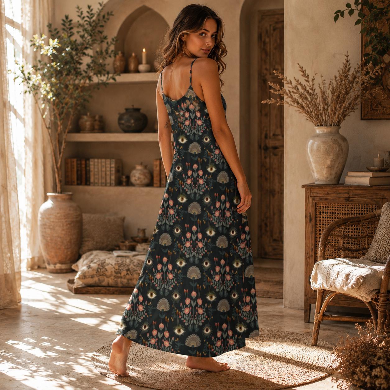Evil Eye Maxi Dress, Mystical Floral Slip Dress, Folk Art Boho Sundress