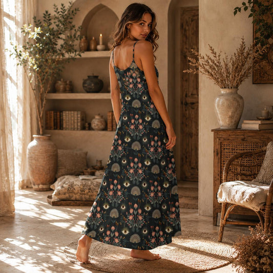 Evil Eye Maxi Dress, Mystical Floral Slip Dress, Folk Art Boho Sundress