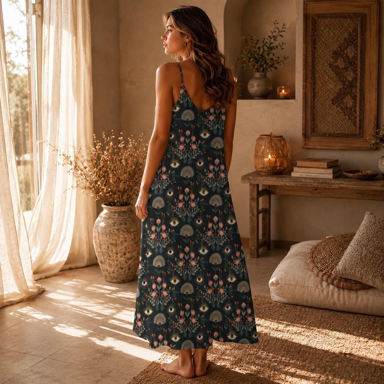 Evil Eye Maxi Dress, Mystical Floral Slip Dress, Folk Art Boho Sundress