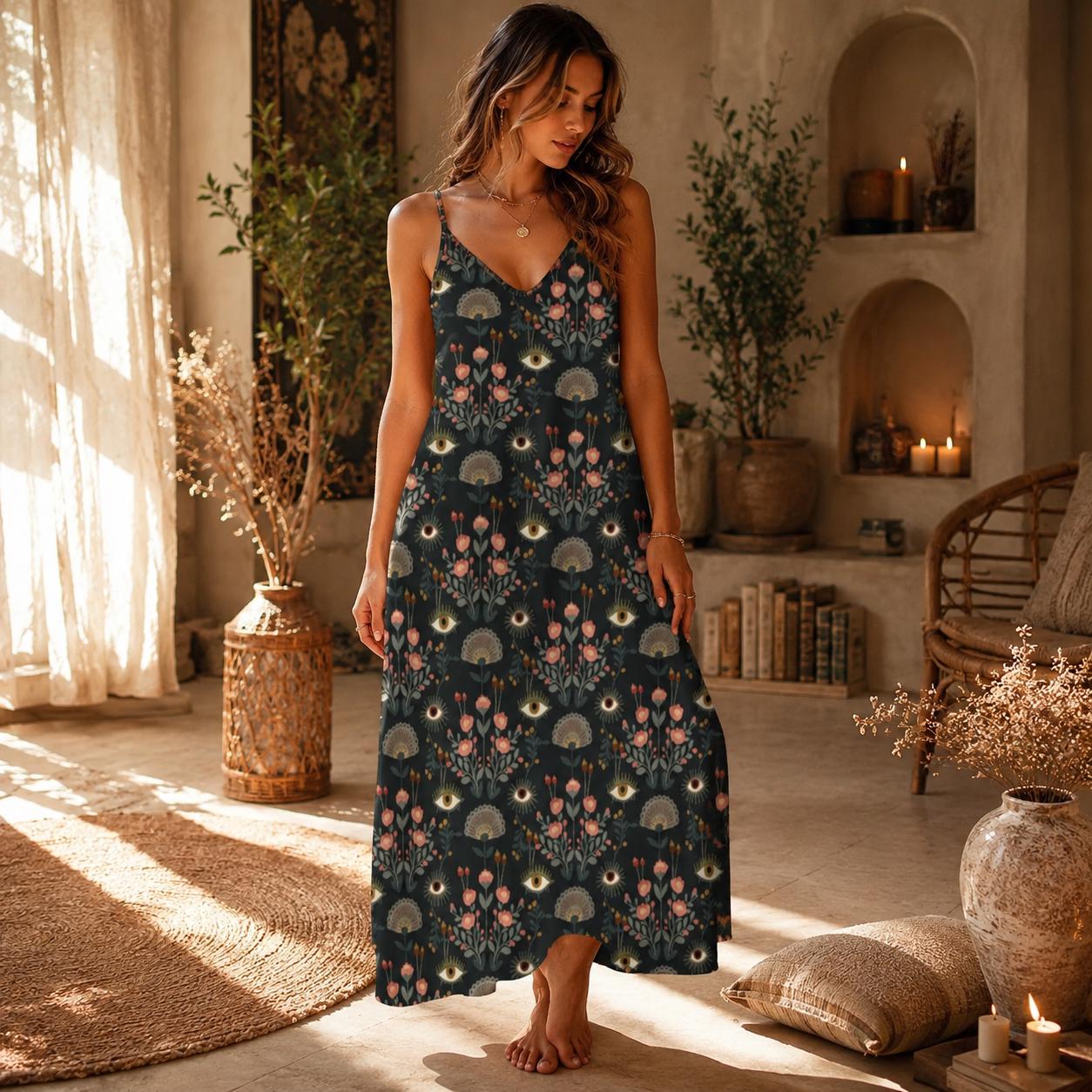Evil Eye Maxi Dress, Mystical Floral Slip Dress, Folk Art Boho Sundress