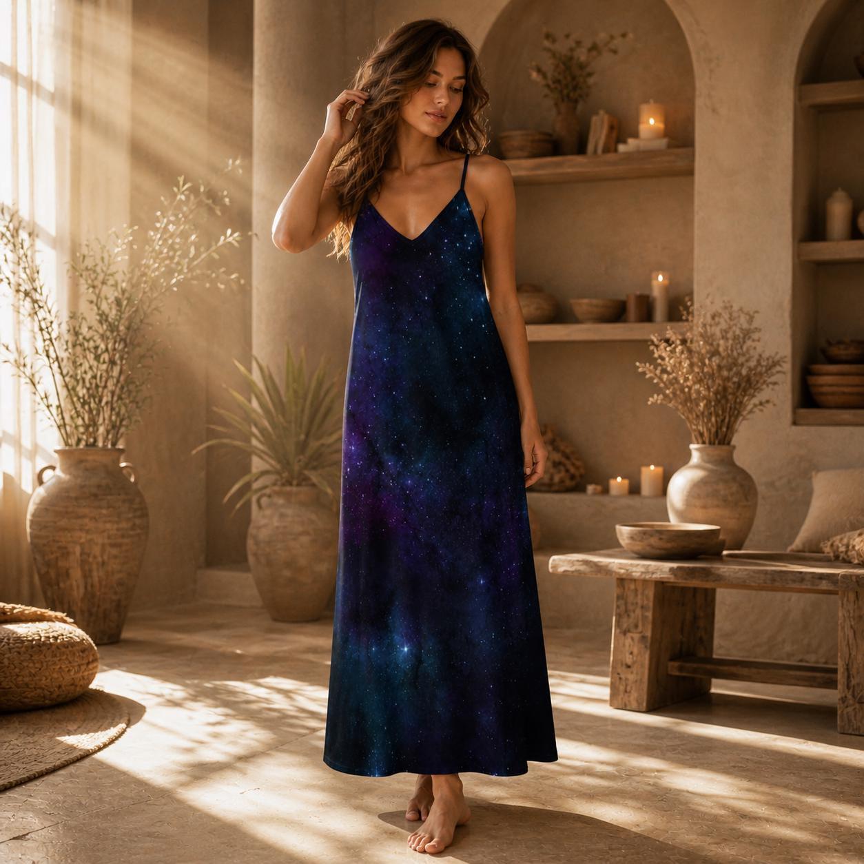 Midnight Galaxy Maxi Dress, Celestial Starry Night Slip Sundress, Cosmic Vacation Style