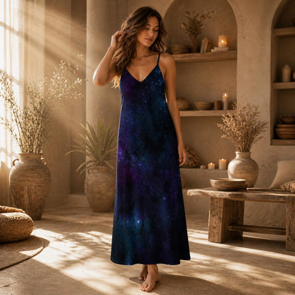 Midnight Galaxy Maxi Dress, Celestial Starry Night Slip Sundress, Cosmic Vacation Style