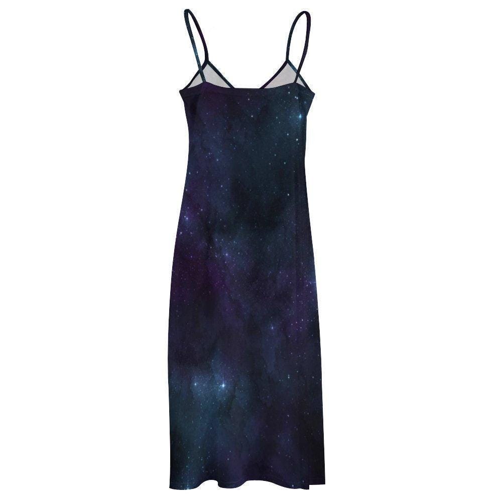 Midnight Galaxy Maxi Dress, Celestial Starry Night Slip Sundress, Cosmic Vacation Style