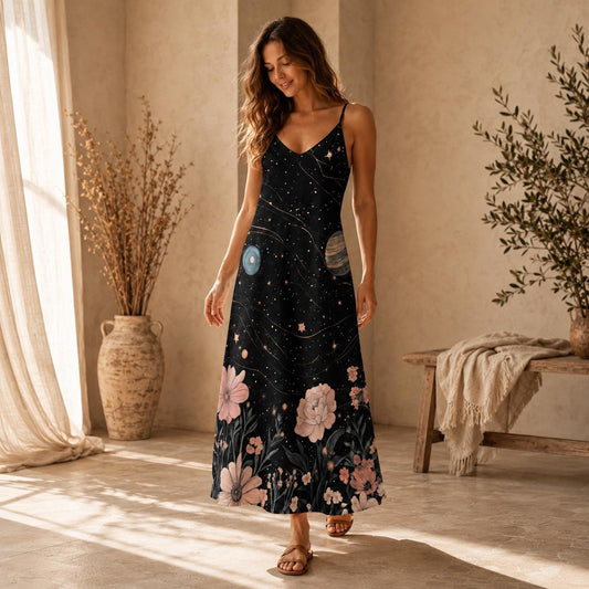 Galaxy Floral Maxi Dress, Celestial Boho Gown, Starry Night Festival Outfit