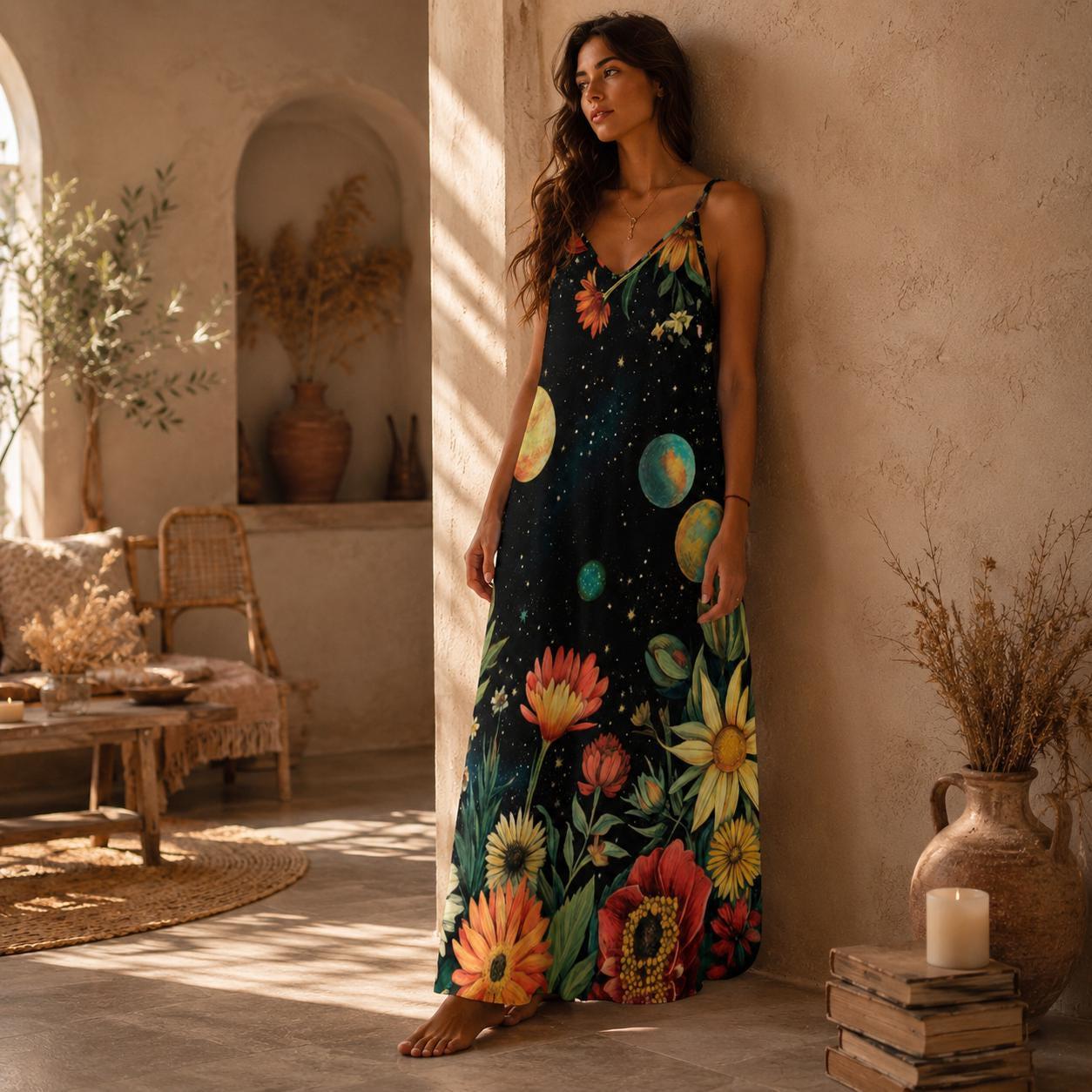 Boho Maxi Dress, Cosmic Floral Sundress, Planet Print Slip Dress