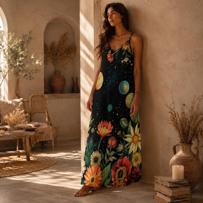 Celestial Moon Phase Maxi Dress, Whimsigoth Floral Boho Sundress, Witchy Festival Wear