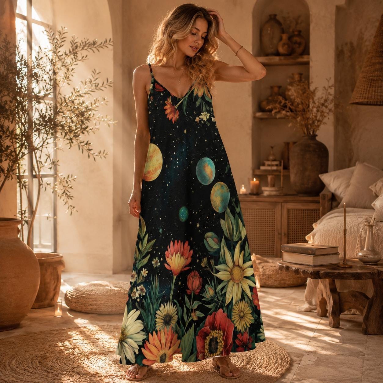 Boho Maxi Dress, Cosmic Floral Sundress, Planet Print Slip Dress
