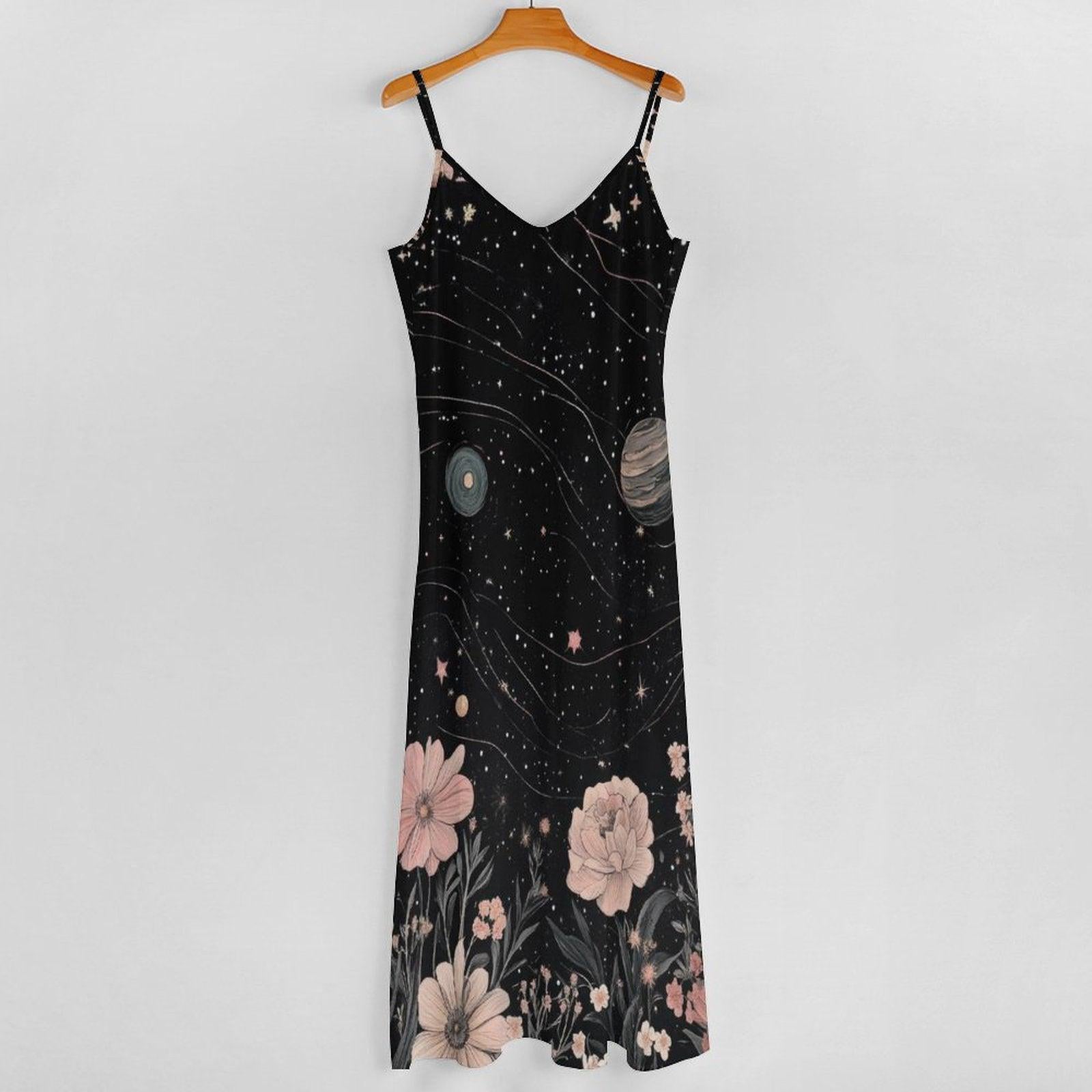 Galaxy Floral Maxi Dress, Celestial Boho Gown, Starry Night Festival Outfit