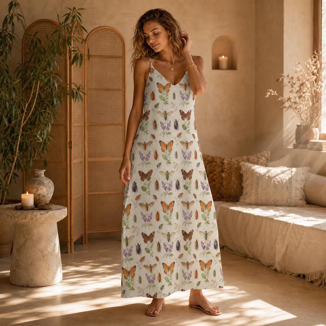 Butterfly Maxi Dress, Insect Print Sundress, Botanical Moth Prairie Outfit