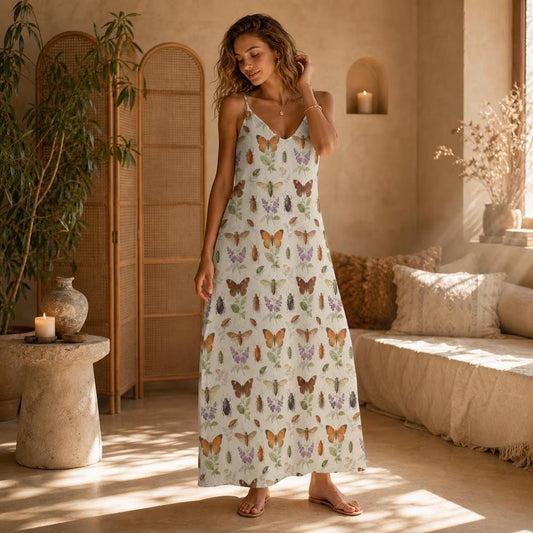 Butterfly Maxi Dress, Insect Print Sundress, Botanical Moth Prairie Outfit