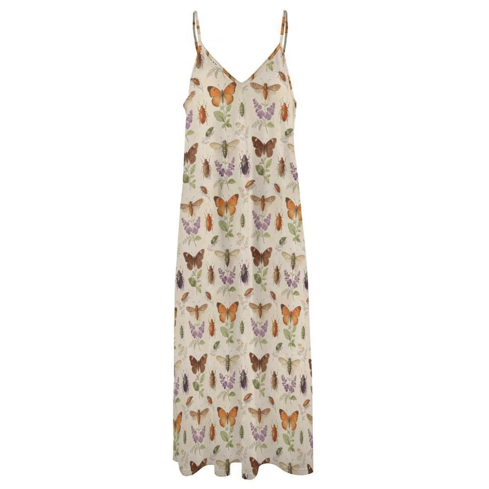 Butterfly Maxi Dress, Insect Print Sundress, Botanical Moth Prairie Outfit